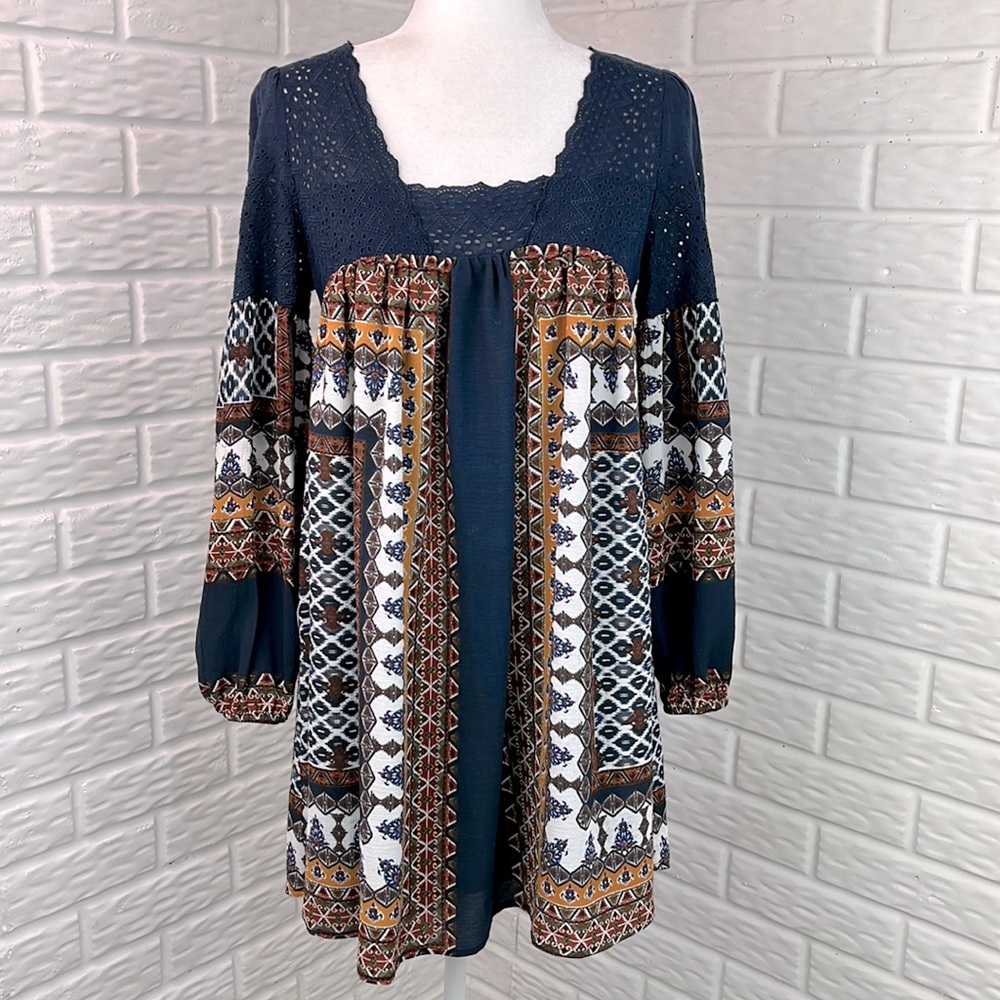 ESLEY ANTHROPOLOGIE EYELET MINI DRESS TUNIC FLOWY LINED BOHO NAVY SIZE SMALL